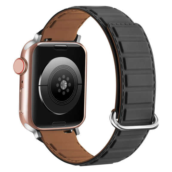For Apple Watch Series 8 41mm Reverse Buckle Magnetic Silicone Watch Band(Silver Buckle Grey Brown)