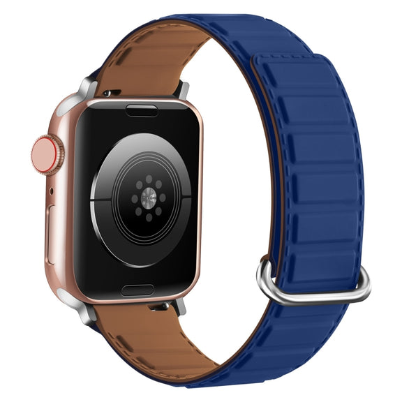 For Apple Watch Series 9 45mm Reverse Buckle Magnetic Silicone Watch Band(Silver Buckle Blue)