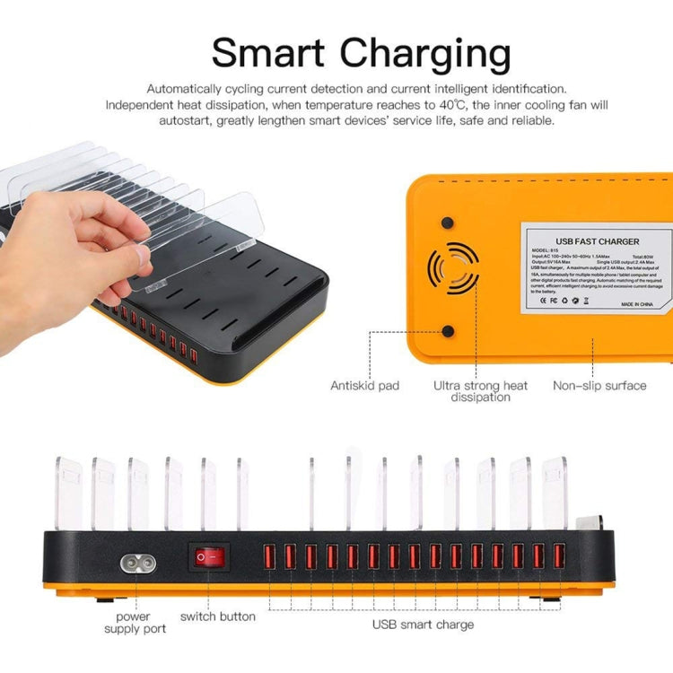 WLX-815P 180W 15 Ports USB Fast Charging Dock Smart Charger with Holder, US Plug