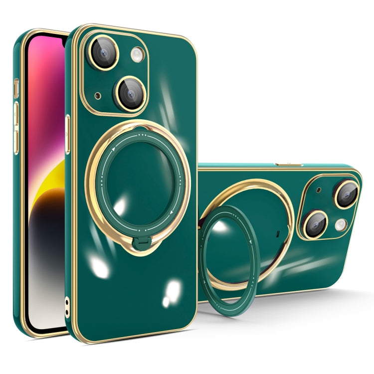 For iPhone 14 Multifunction Electroplating MagSafe Holder Phone Case(Dark Green)