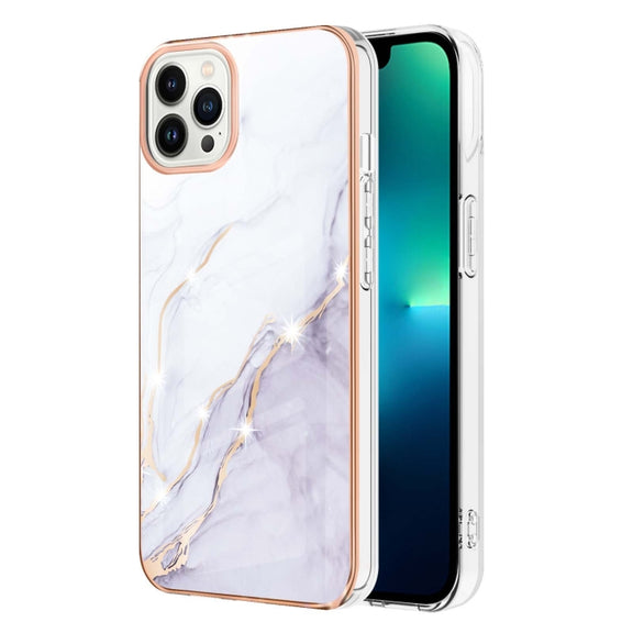 Electroplating Marble Pattern Dual-side IMD TPU Shockproof Phone Case For iPhone 16 Pro(White 006)