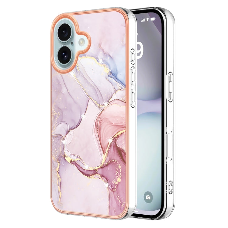 Electroplating Marble Pattern Dual-side IMD TPU Shockproof Phone Case For iPhone 16 Plus(Rose Gold 005)
