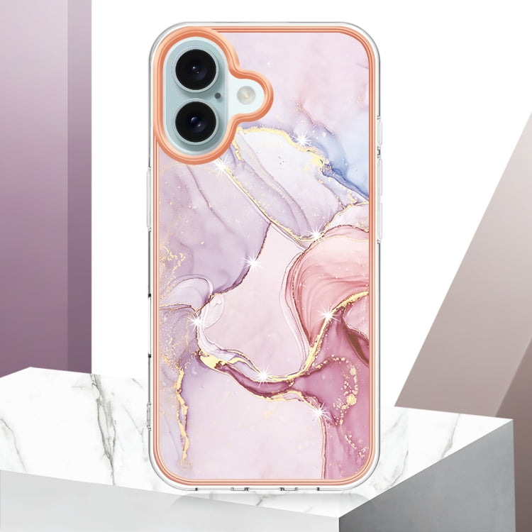 Electroplating Marble Pattern Dual-side IMD TPU Shockproof Phone Case For iPhone 16 Plus(Rose Gold 005)
