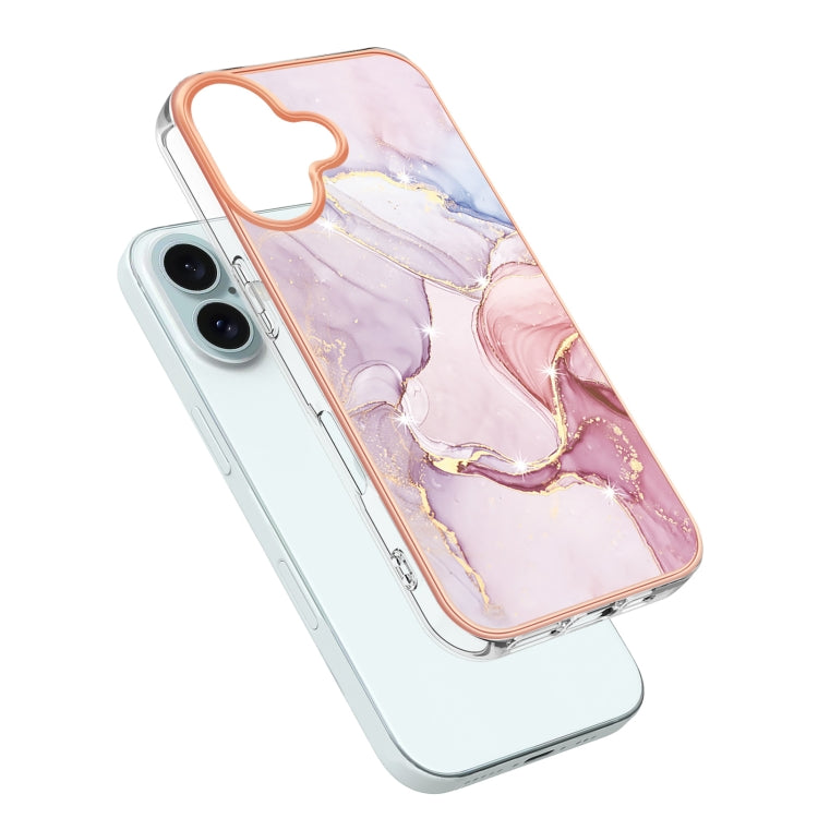 Electroplating Marble Pattern Dual-side IMD TPU Shockproof Phone Case For iPhone 16 Plus(Rose Gold 005)