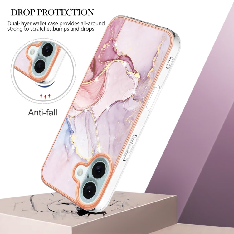 Electroplating Marble Pattern Dual-side IMD TPU Shockproof Phone Case For iPhone 16 Plus(Rose Gold 005)