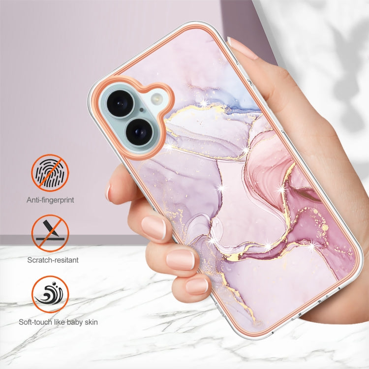 Electroplating Marble Pattern Dual-side IMD TPU Shockproof Phone Case For iPhone 16 Plus(Rose Gold 005)