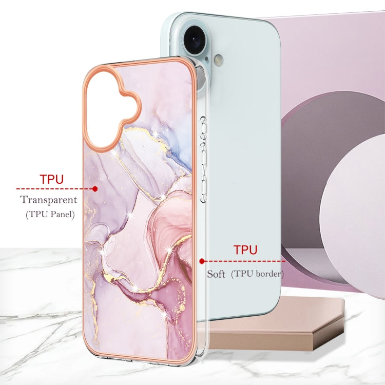 Electroplating Marble Pattern Dual-side IMD TPU Shockproof Phone Case For iPhone 16 Plus(Rose Gold 005)