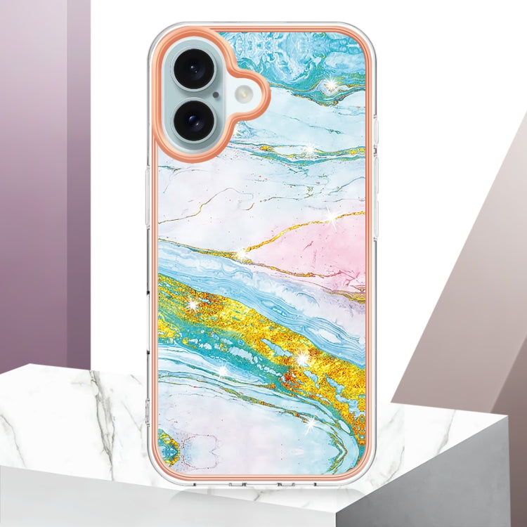 Electroplating Marble Pattern Dual-side IMD TPU Shockproof Phone Case For iPhone 16(Green 004)