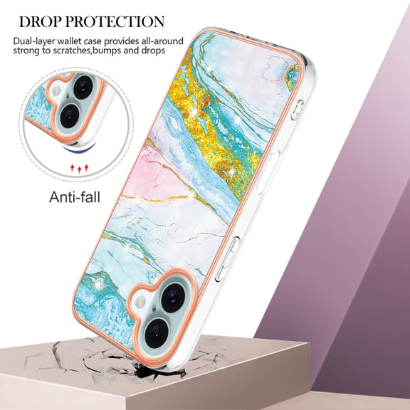 Electroplating Marble Pattern Dual-side IMD TPU Shockproof Phone Case For iPhone 16(Green 004)