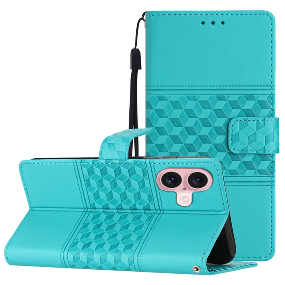 For iPhone 16 Diamond Embossed Skin Feel Leather Phone Case(Blue)