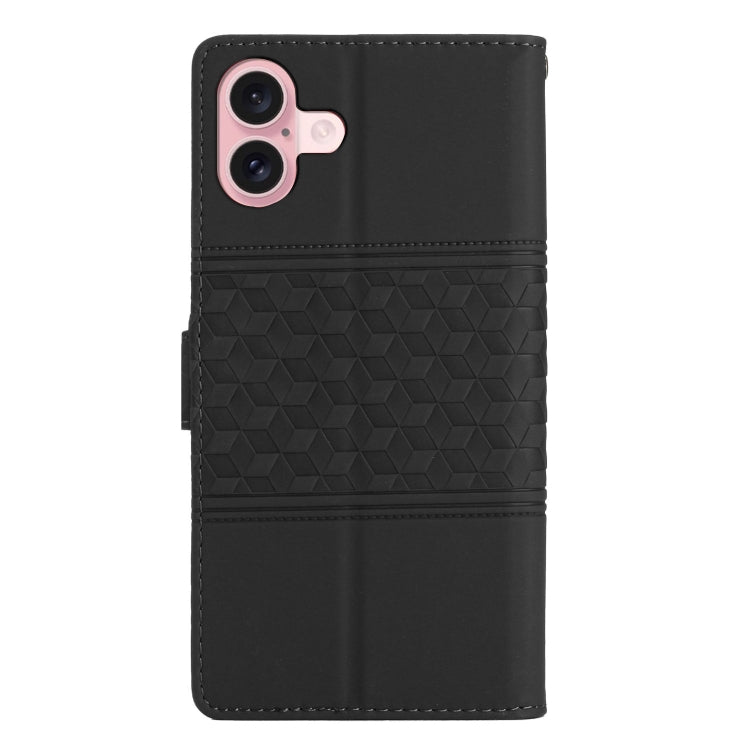 For iPhone 16 Diamond Embossed Skin Feel Leather Phone Case(Black)