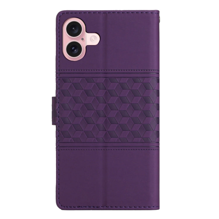 For iPhone 16 Plus Diamond Embossed Skin Feel Leather Phone Case(Purple)