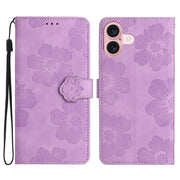For iPhone 16 Flower Embossing Pattern Leather Phone Case(Purple)