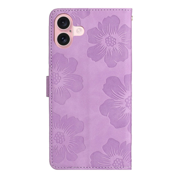 For iPhone 16 Flower Embossing Pattern Leather Phone Case(Purple)