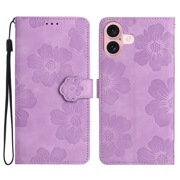 For iPhone 16 Flower Embossing Pattern Leather Phone Case(Purple)