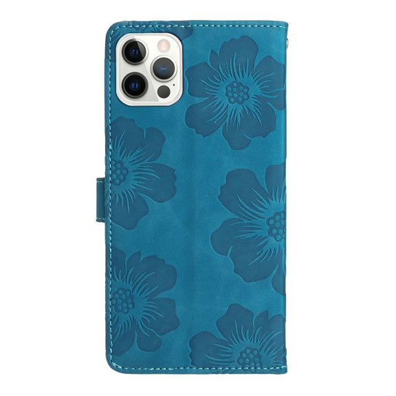 For iPhone 16 Pro Max Flower Embossing Pattern Leather Phone Case(Blue)