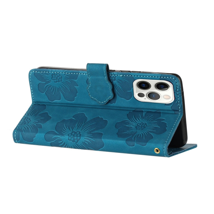 For iPhone 16 Pro Max Flower Embossing Pattern Leather Phone Case(Blue)