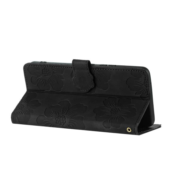 For iPhone 16e Flower Embossing Pattern Leather Phone Case(Black)