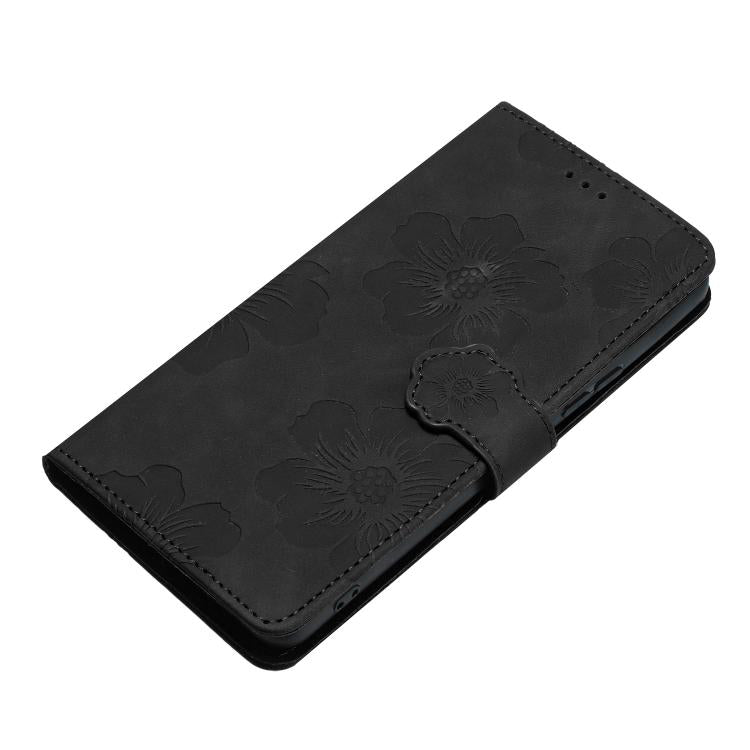 For iPhone 16e Flower Embossing Pattern Leather Phone Case(Black)