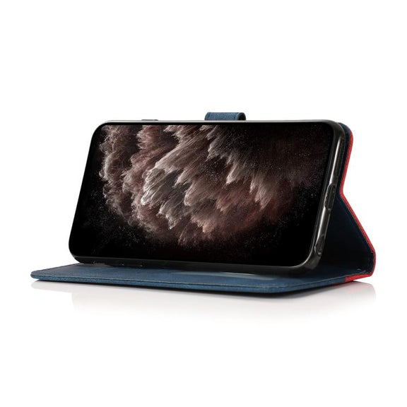 For iPhone 16e Dual-color Stitching Leather Phone Case(Red Blue)