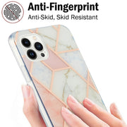 For iPhone 16 Pro Max Electroplating Splicing Marble Flower Pattern Dual-side IMD TPU Shockproof Phone Case(Pink White)