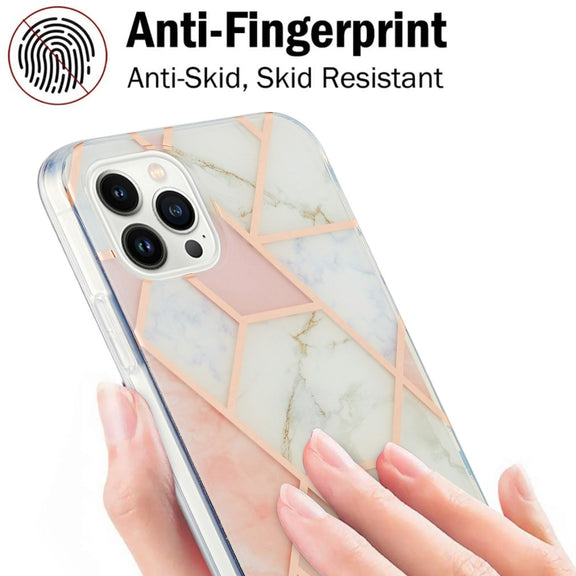 For iPhone 16 Pro Max Electroplating Splicing Marble Flower Pattern Dual-side IMD TPU Shockproof Phone Case(Pink White)