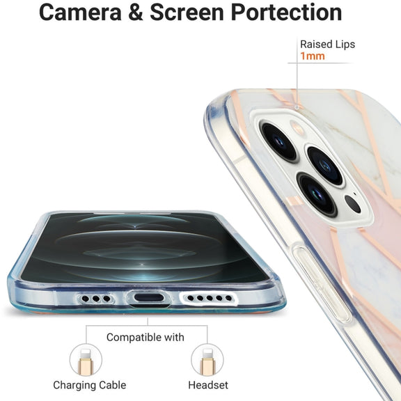 For iPhone 16 Pro Max Electroplating Splicing Marble Flower Pattern Dual-side IMD TPU Shockproof Phone Case(Pink White)
