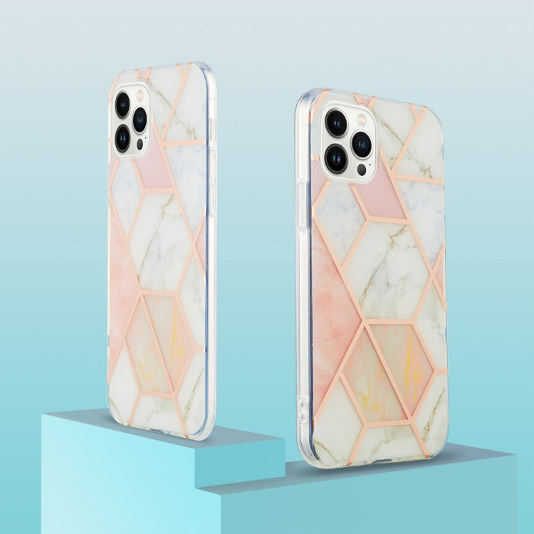 For iPhone 16 Pro Electroplating Splicing Marble Flower Pattern Dual-side IMD TPU Shockproof Phone Case(Pink White)
