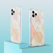 For iPhone 16 Pro Electroplating Splicing Marble Flower Pattern Dual-side IMD TPU Shockproof Phone Case(Pink White)