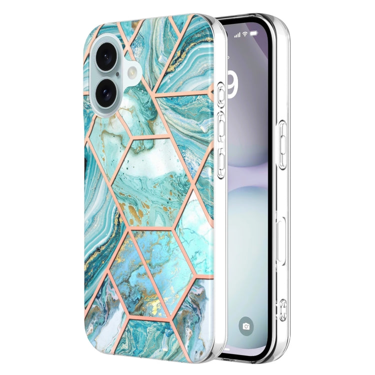 For iPhone 16 Electroplating Splicing Marble Flower Pattern Dual-side IMD TPU Shockproof Phone Case(Green)