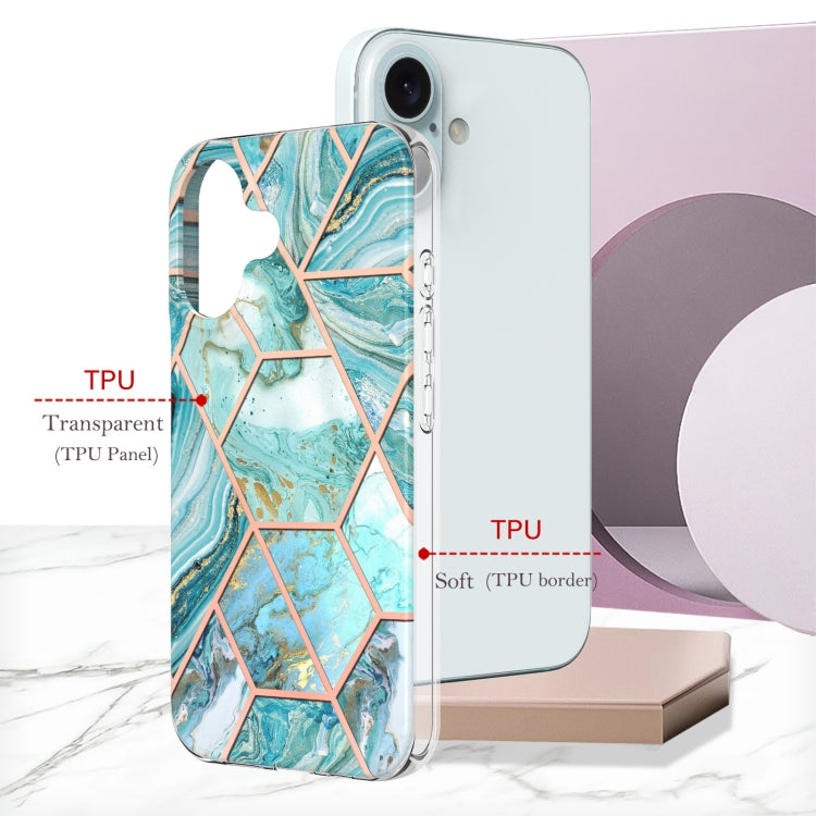 For iPhone 16 Electroplating Splicing Marble Flower Pattern Dual-side IMD TPU Shockproof Phone Case(Green)