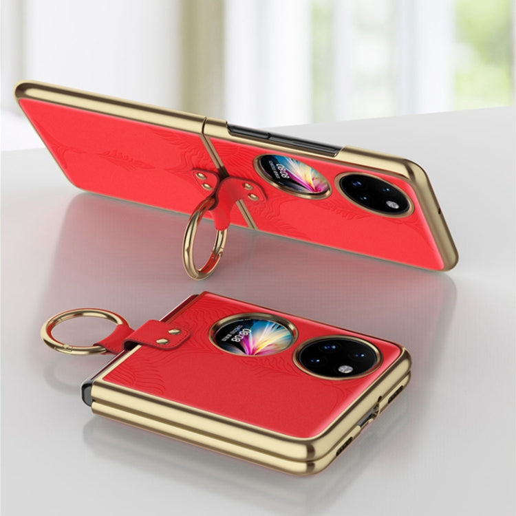 For Huawei P50 Pocket Electroplated Embossed Leather Phone Case with Ring(Red)