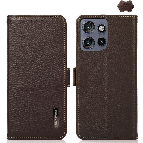 For Motorola Edge 50 5G KHAZNEH Side-Magnetic Litchi Genuine Leather RFID Phone Case(Brown)