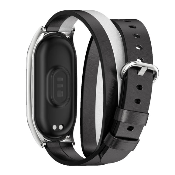 For Xiaomi Mi Band 8 Mijobs Plus Case Double-Loop Leather Watch Band(Black+White+Silver)