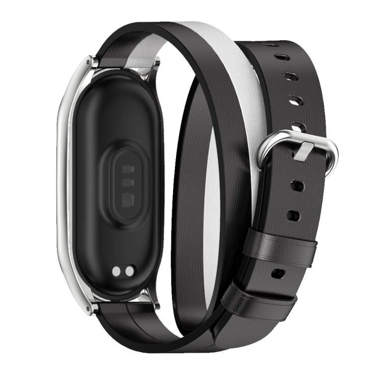 For Xiaomi Mi Band 7 Mijobs Plus Case Double-Loop Leather Watch Band(Black+White+Silver)