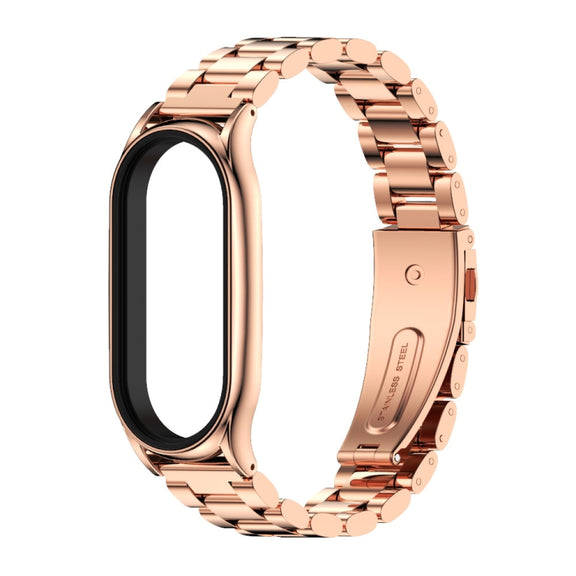 For Xiaomi Mi Band 8 Mijobs Plus Case Three Bead Metal Stainless Steel Watch Band(Rose Gold)