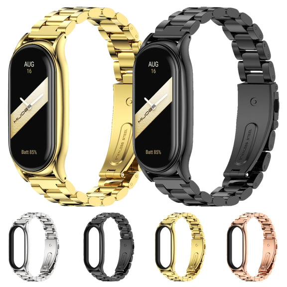 For Xiaomi Mi Band 8 Mijobs Plus Case Three Bead Metal Stainless Steel Watch Band(Rose Gold)