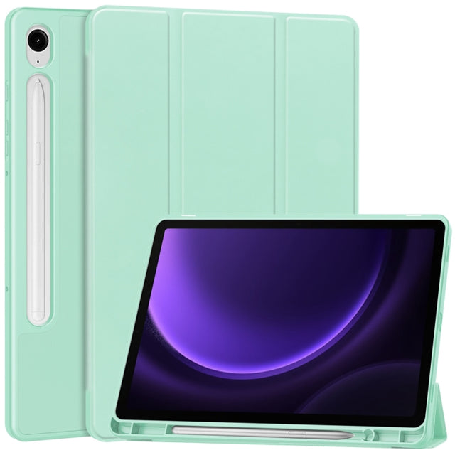 For Samsung Galaxy Tab S9 FE 3-Fold Pure Color TPU Smart Leather Tablet Case with Pen Slot(Mint Green)