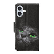 For iPhone 16 3D Colored Drawing Flip Leather Phone Case(Black Cat)