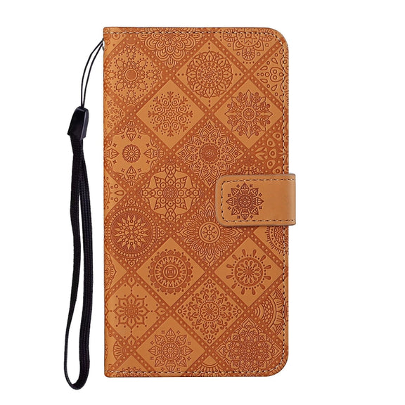For iPhone 16 Pro Max Ethnic Style Embossed Pattern Leather Phone Case(Brown)