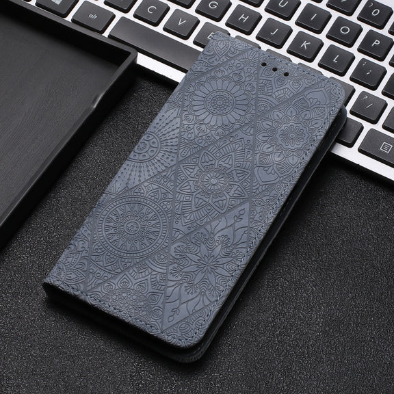 For iPhone 16 Plus Ethnic Embossed Adsorption Leather Phone Case(Grey)