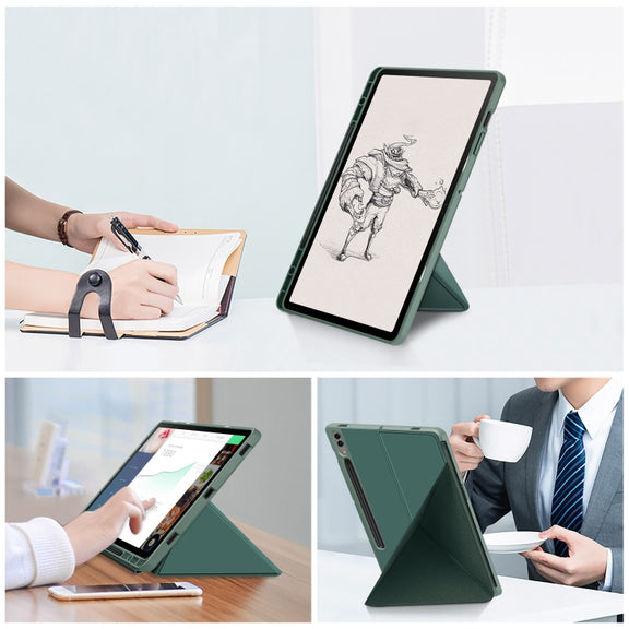 For Samsung Galaxy Tab S9 Cloth Texture Multi-folding Horizontal Flip Leather Tablet Case(Dark Green)