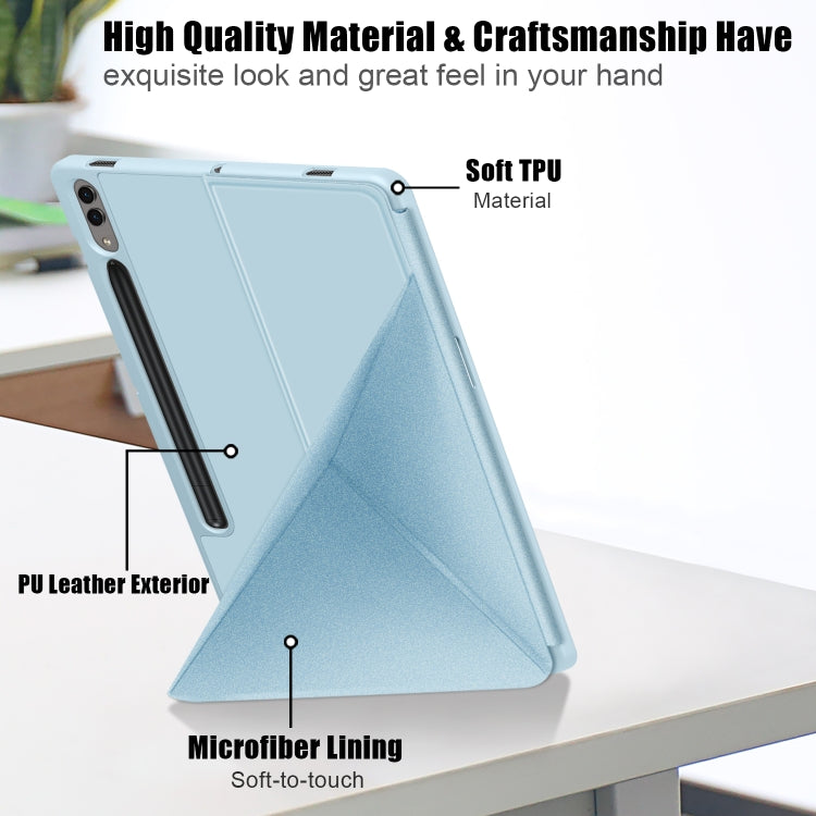 For Samsung Galaxy Tab S9 Cloth Texture Multi-folding Horizontal Flip Leather Tablet Case(Sky Blue)