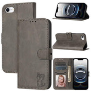 For iPhone 16e Embossed Happy Cat Pattern Flip Leather Phone Case(Grey)