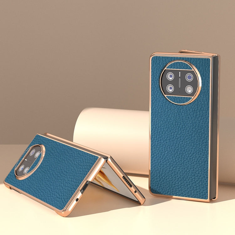 For Huawei Mate X3 Electroplating Genuine Leather Litchi Texture Phone Case(Blue)