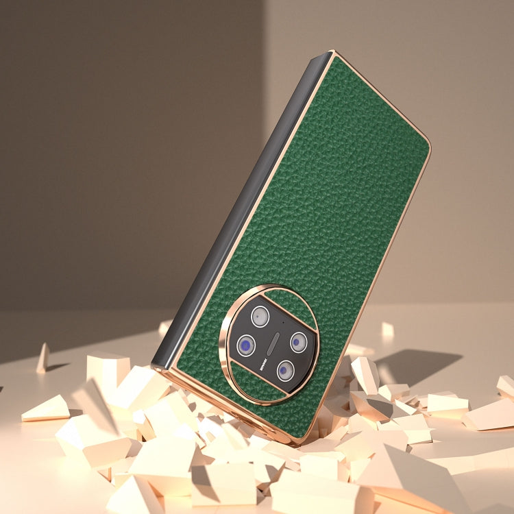 For Huawei Mate X3 Electroplating Genuine Leather Litchi Texture Phone Case(Green)