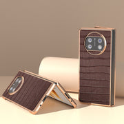 For Huawei Mate X3 Electroplating Crocodile Texture Genuine Leather Phone Case(Brown)