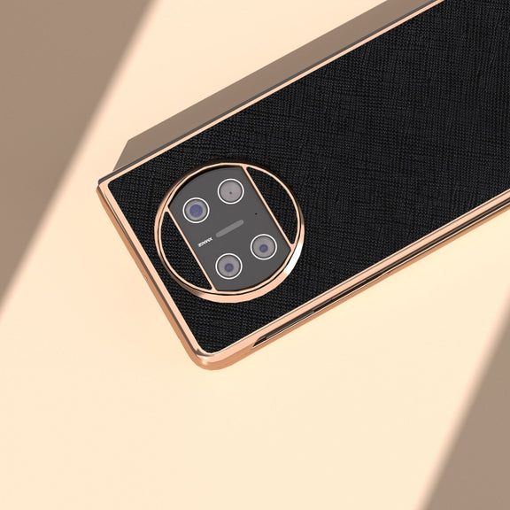 For Huawei Mate X3 Electroplating Cross Texture Genuine Leather Phone Case(Black)