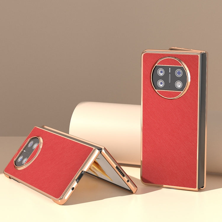 For Huawei Mate X3 Electroplating Cross Texture Genuine Leather Phone Case(Red)