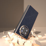 For Huawei Mate X3 Electroplating Cross Texture Genuine Leather Phone Case(Blue)